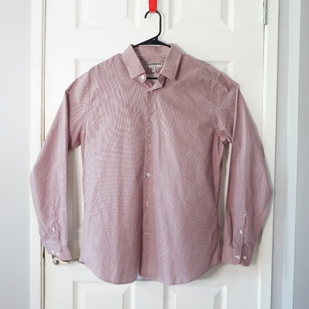 2/$30 - NWOT Express Fitted Burgundy Patterned Button-Up Dress Shirt